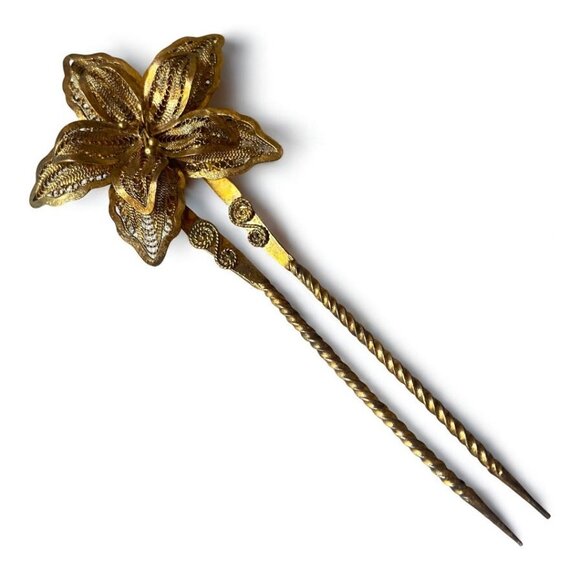 Vintage Accessories - Vintage gold plated flower filigree hair pin clip comb 5.5" fairy victorian